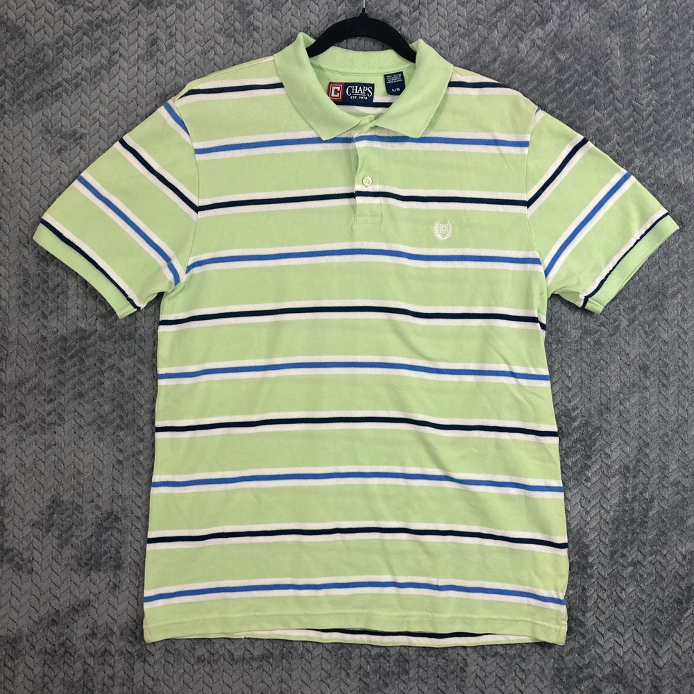 Chaps Mens Large Lime Green Blue Striped Cotton Polo Preppy College